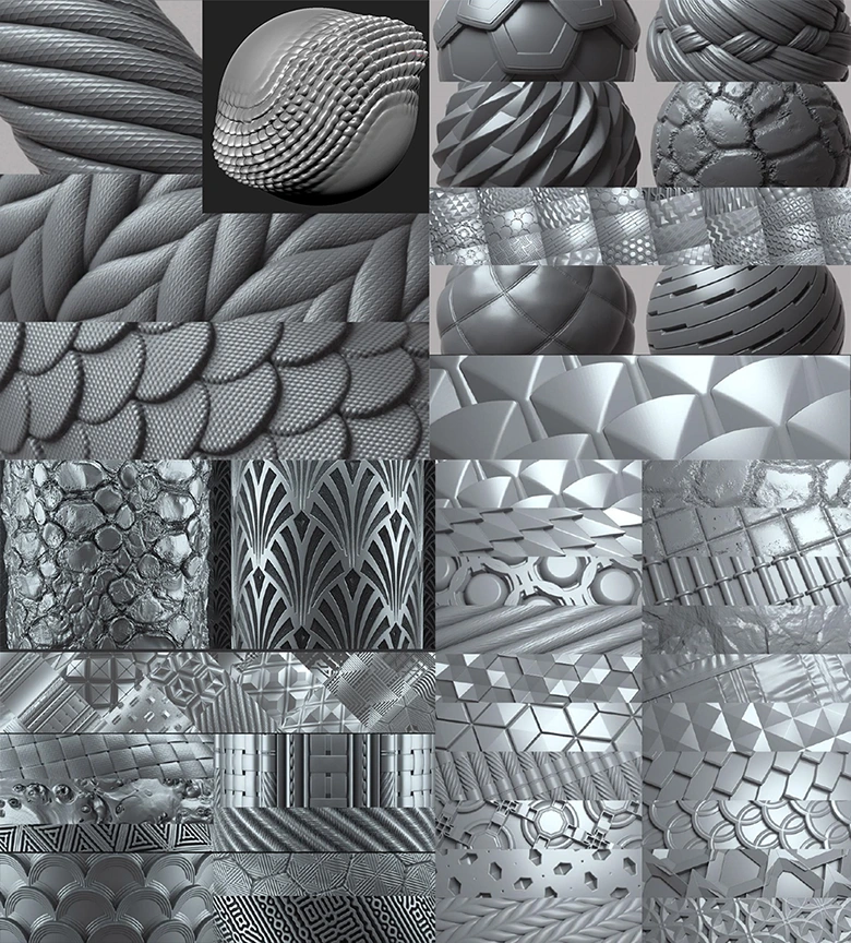 适配ZBrush、Blender、C4D等主流三维软件的高精度3D可拼接置换Alpha贴图素材包含完整使用教程下载255 Tileable Displacement-Alpha Patterns