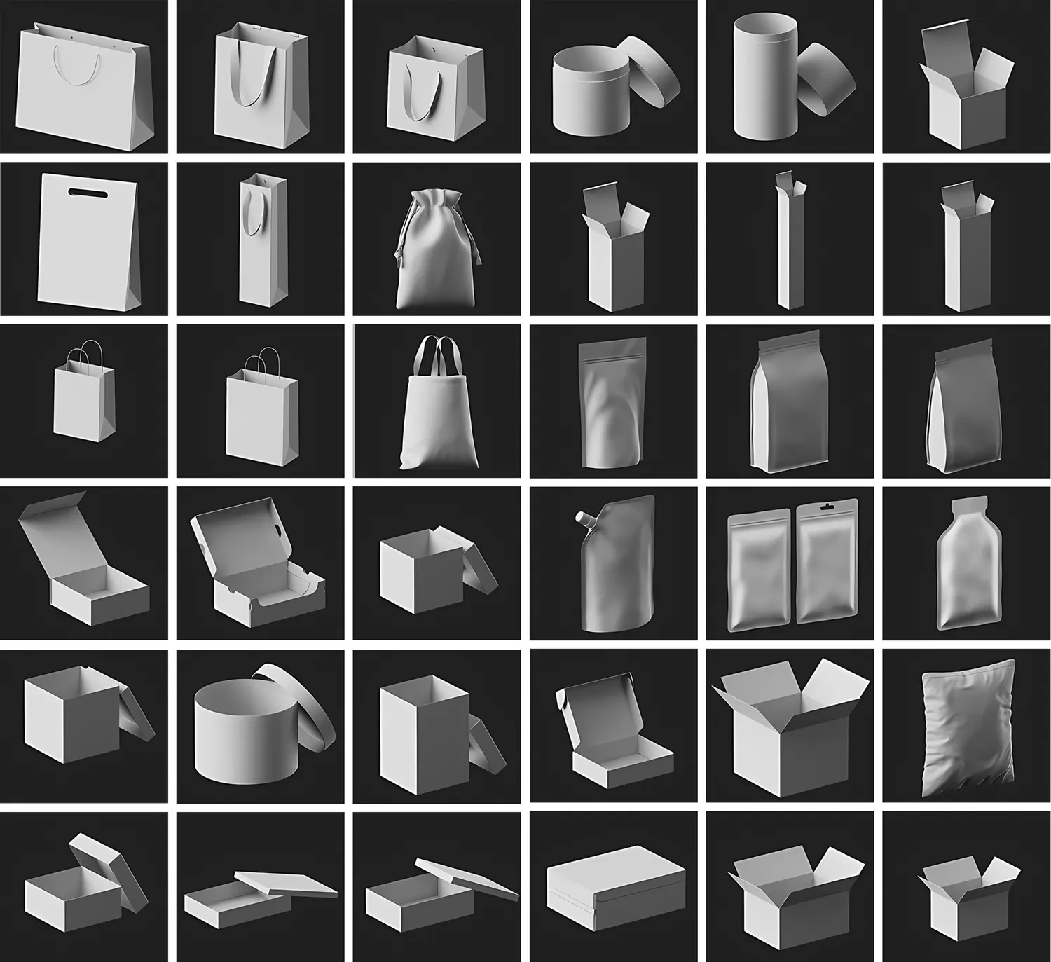 超全48个包装袋3D模型合集，披萨盒、纸箱、布袋、密封袋、开合盒多类别高质资源包Packaging Models