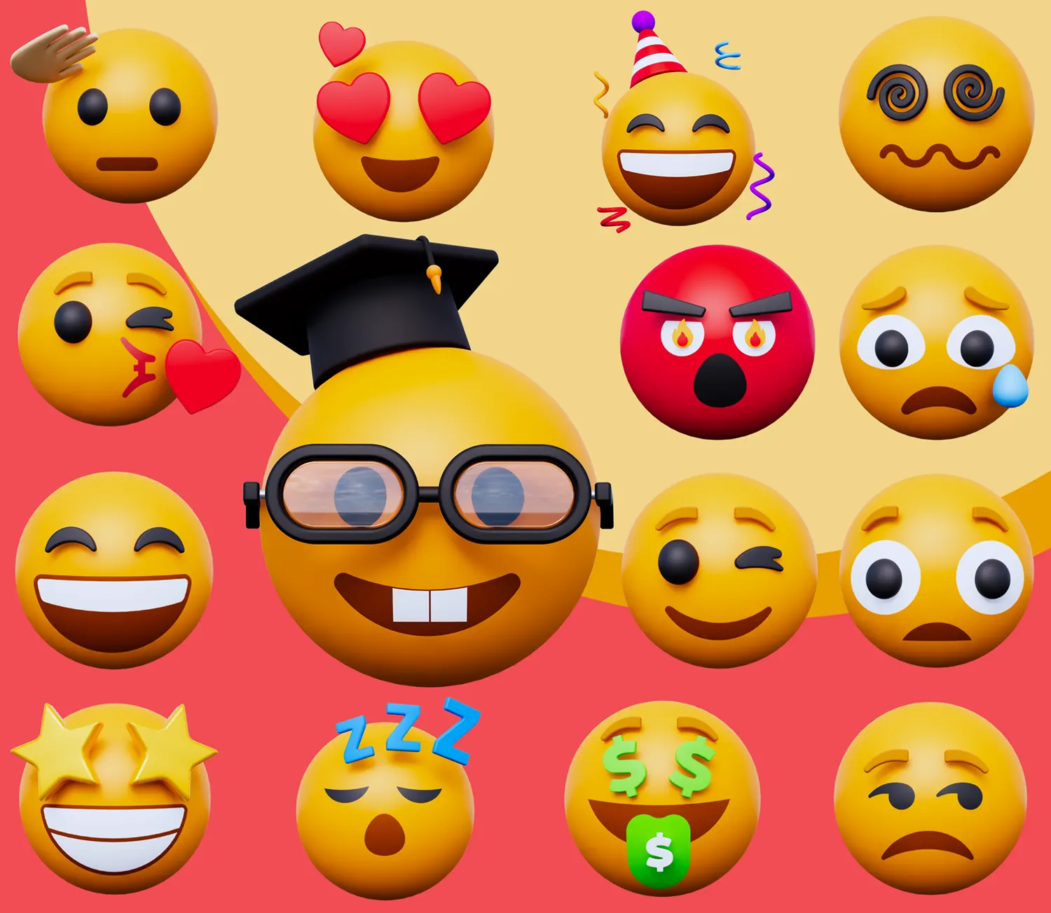 15个卡通多场景适用Emoji表情3D模型-包括无语、失望、调皮飞吻等多功能三维表情素材集合Collection Emoji 3D Icon Pack