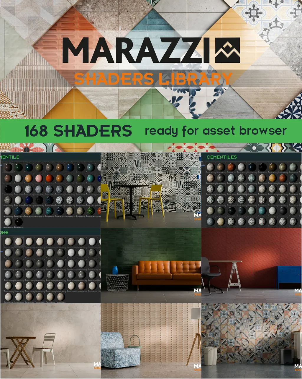 Blender 168组意大利Marazzi瓷砖石材陶瓷PBR着色器材质资产预设库Marazzi Shaders Library-Tiles Stone Ceramic-Asset Browser