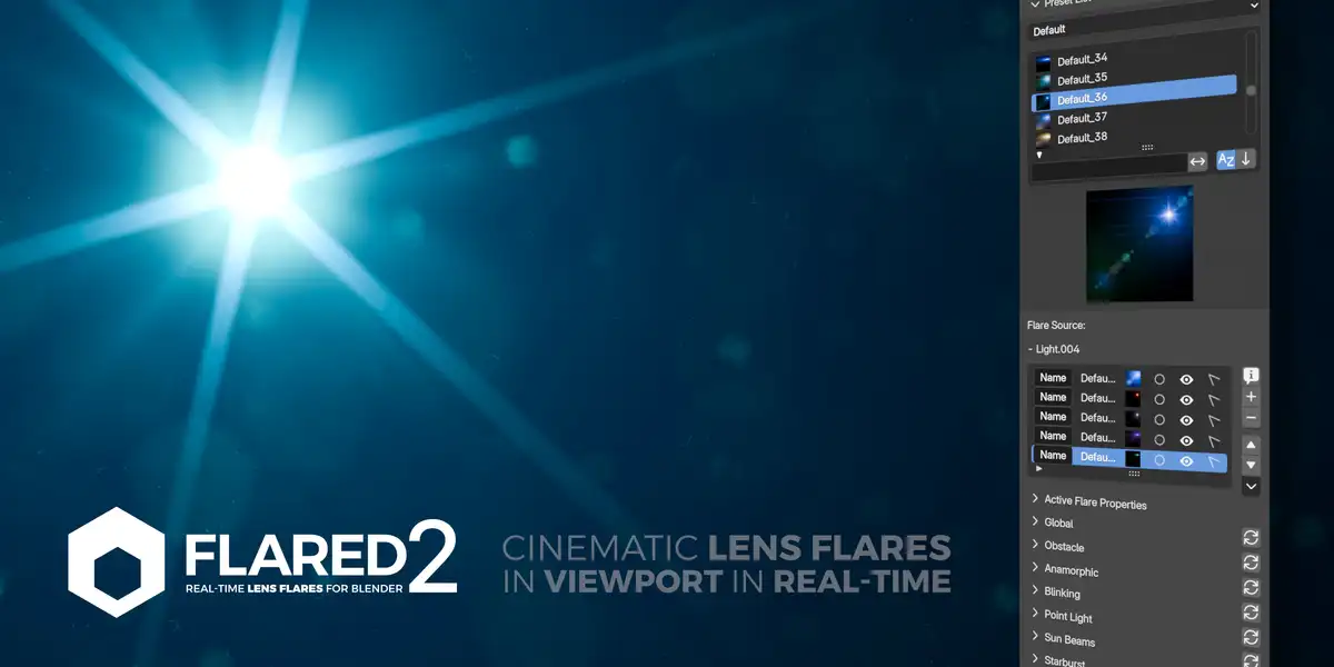 Blender镜头光斑插件实时镜头耀斑光效生成器 Flared 2 V1.1.7 + V1.9.54 – Lens Flares In Blender