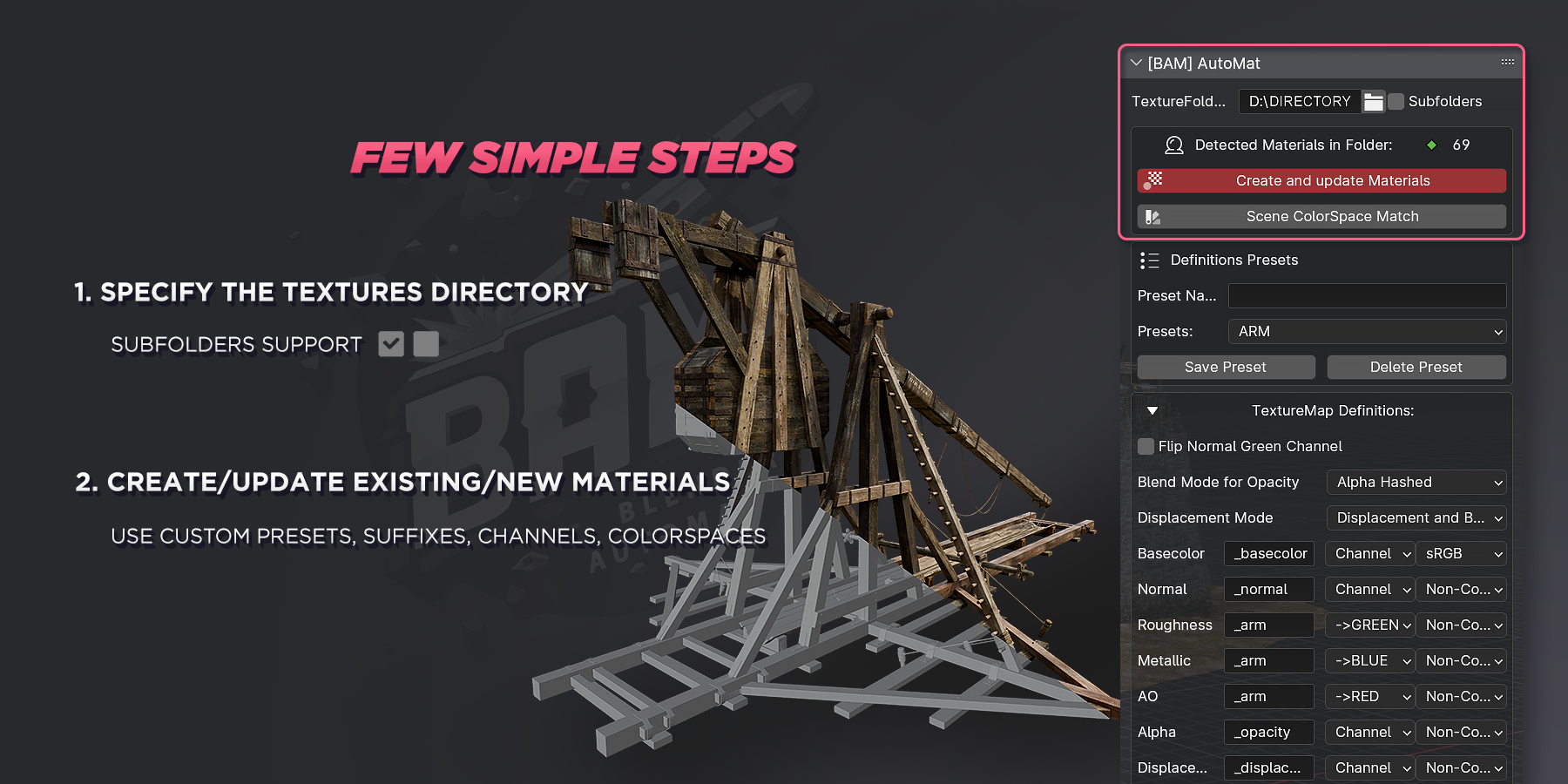 BAM Blender Automat V1.3.1插件下载｜Blender一键批量生成PBR材质与材质管理工具