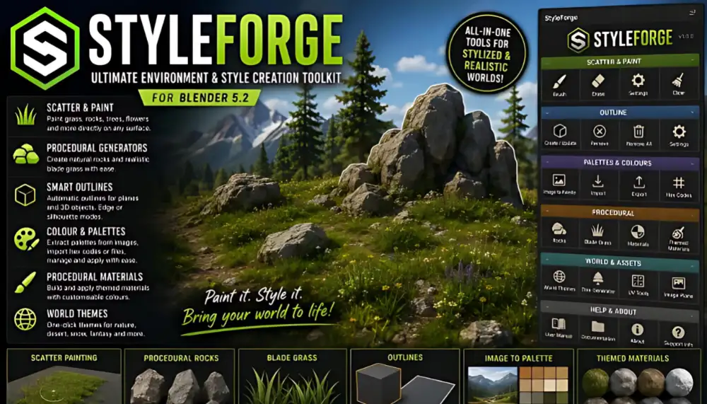 Blender创建程序化环境资产绘制对象散布插件 StyleForge V1.2.8