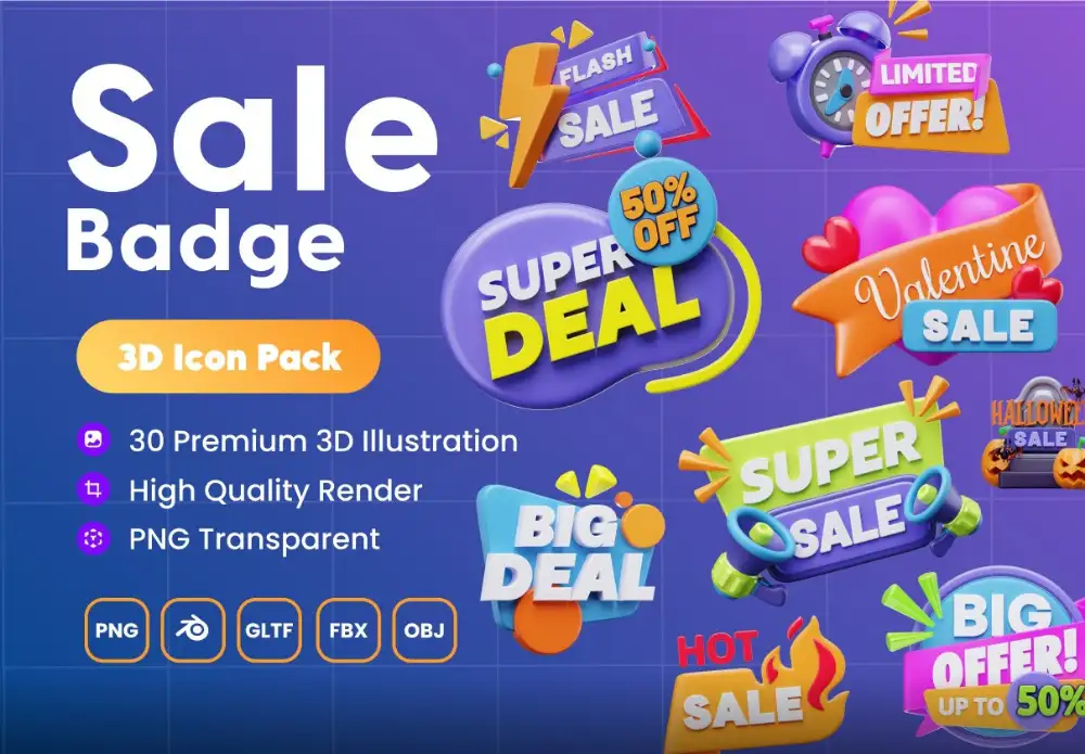 Sale Badge 3D Icon Pack – 30款电商促销折扣徽章Blender模型与PNG透明素材下载