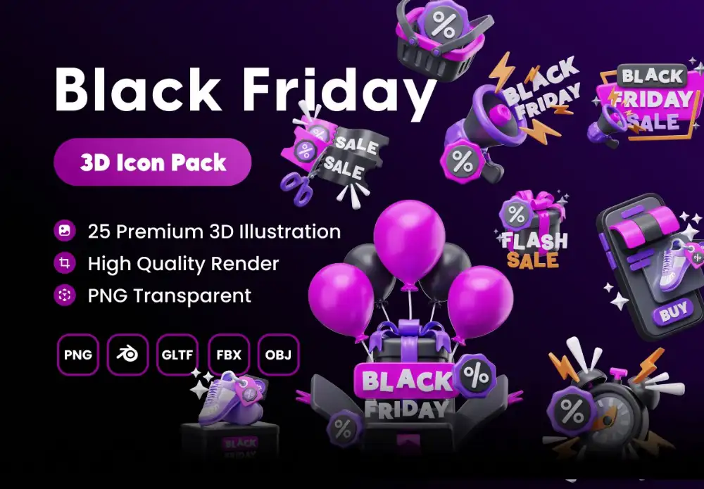 Black Friday 3D Illustrations Pack黑色星期五促销电商三维图标素材包Blender模型下载