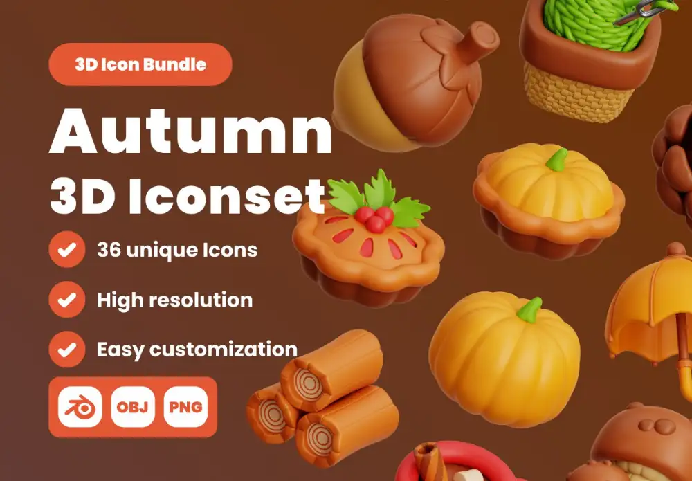 Autumn 3D Illustration Pack——36款秋季主题高端3D插画模型合集，Blender原生格式，兼容OBJ与PNG，助你快速打造氛围感满分的秋日视觉作品