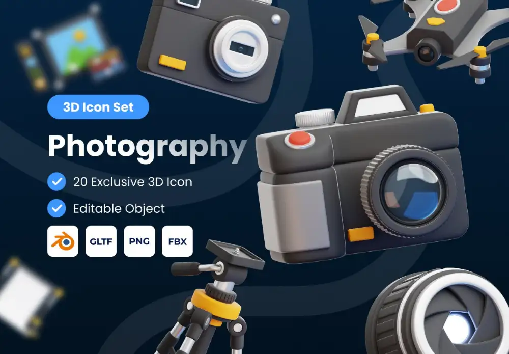 Photography 3D Icon Set - 20个摄影主题三维图标套装 Blender/GLTF/FBX/PNG 高分辨率可编辑模型下载