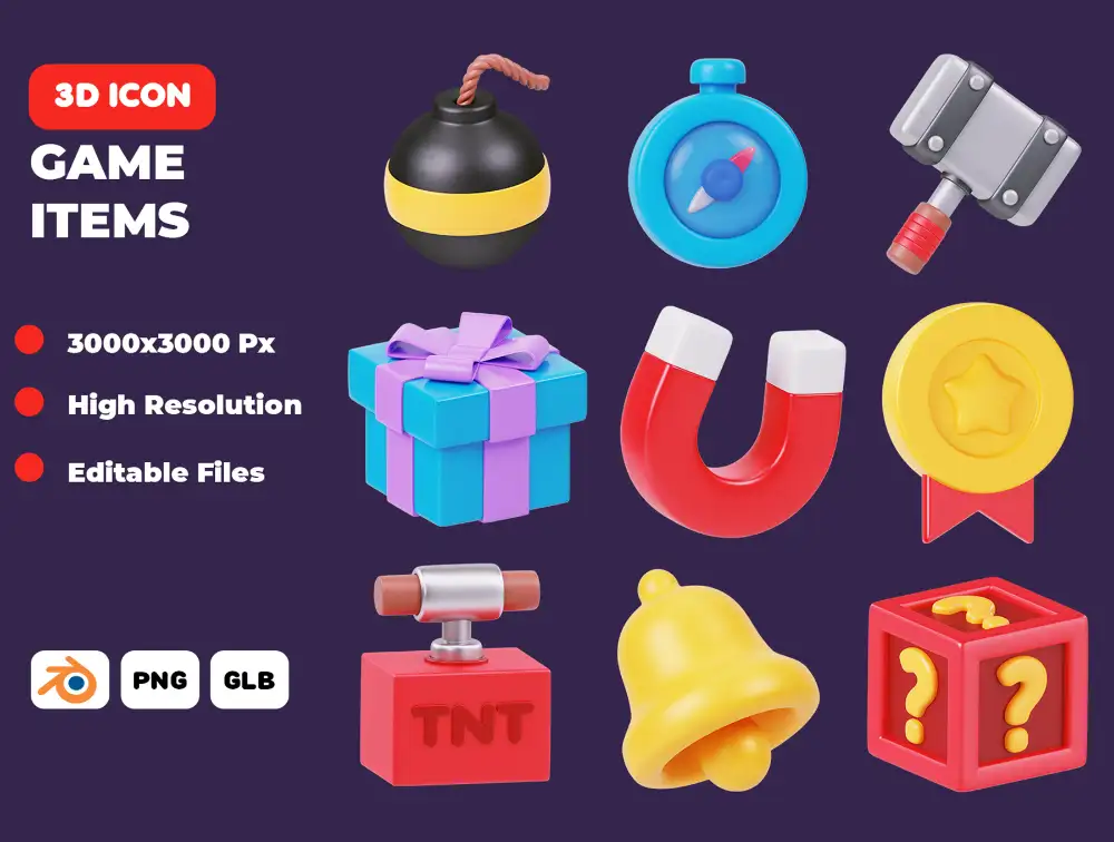 Game Items Vol 1 3D Icon Pack – 18款游戏道具三维图标Blender模型套件（含PNG/FBX/GLB格式，3000px高清透明背景，可编辑材质）