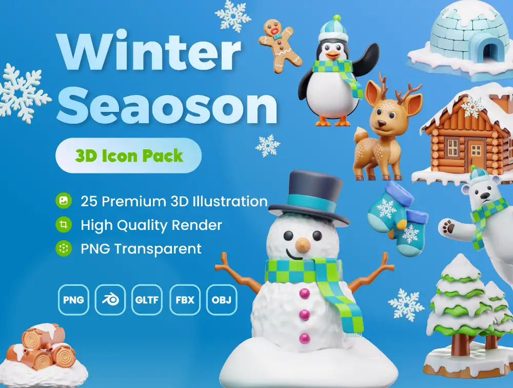 Winter 3D Icon Pack – 25款冬季主题3D图标素材包 Blender/OBJ/glTF/FBX多格式模型下载