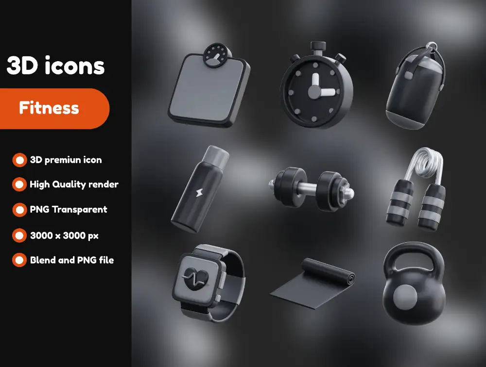 Fitness 3D Icons——10款高精度健身主题3D图标Blender模型包