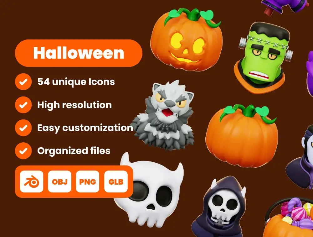 Spooky Halloween 3D Illustration Pack – 54个万圣节恐怖风格高端3D图标模型合集（Blender/OBJ/GLB/PNG）