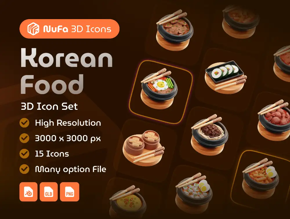 Korean Food 3D Icon Set – 15款高精度韩国料理3D图标素材包（Blender/PNG/GLB）