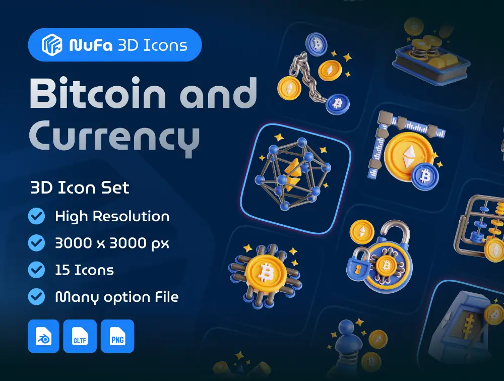 Bitcoin and Currency 3D Icon Set - 15款比特币与货币主题高精度3D图标素材包
