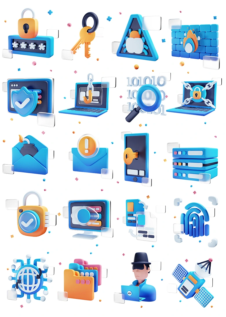 20组3D卡通网络安全高质量图标模型合集,涵盖网站密码、邮件炸弹、防火墙等互联网核心安全主题Cyberly - Cyber Security 3D Icon Set