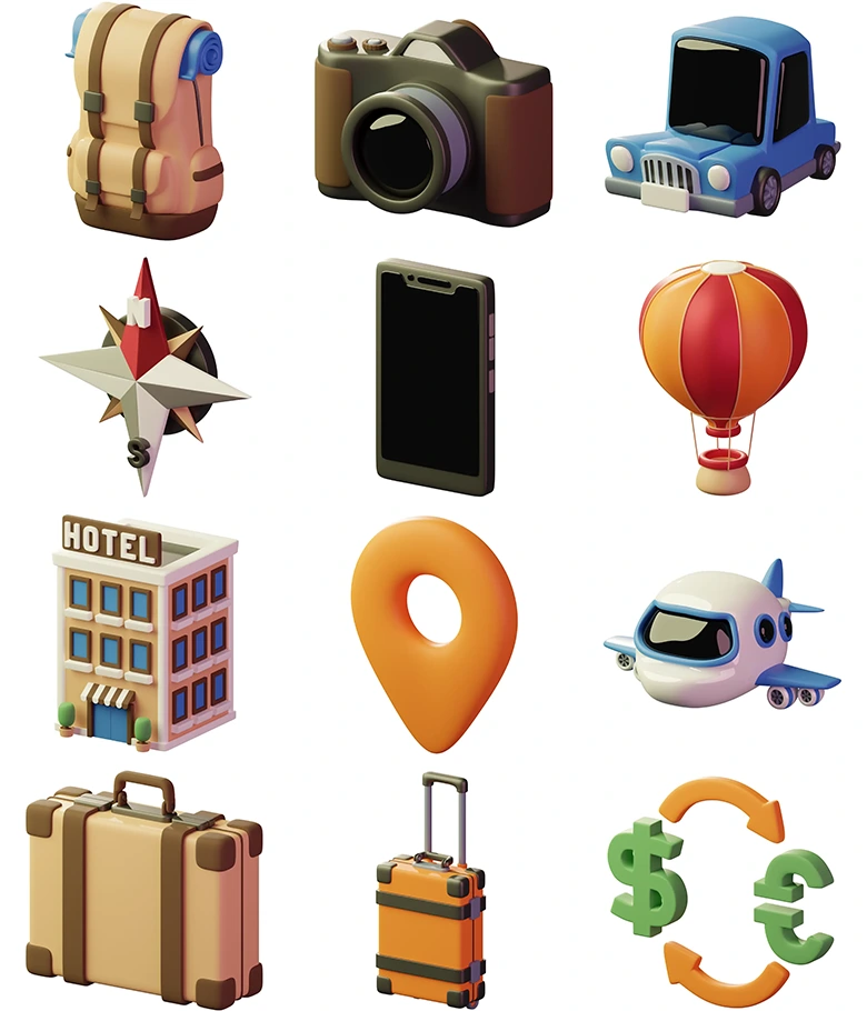 十五组旅游出行图标3D模型合集支持商用含背包相机汽车飞机酒店行李箱等多种经典场景3D素材资源3D Traveller Assets