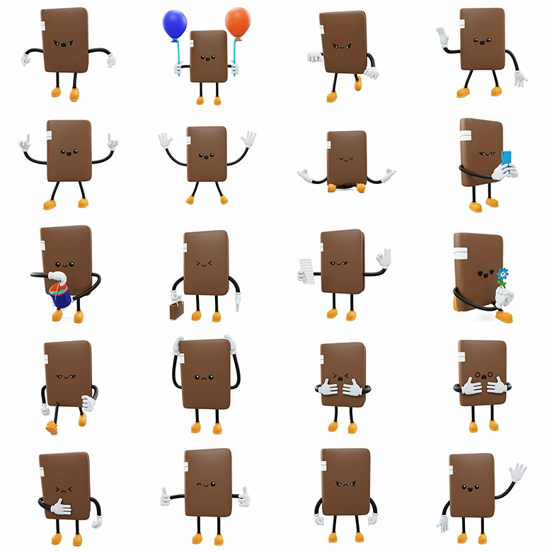 20款高品质卡通书本拟人角色立体模型，适配网页、App、动画短片等多用途互联网3D图库推荐Book - Social Media Emoji Character