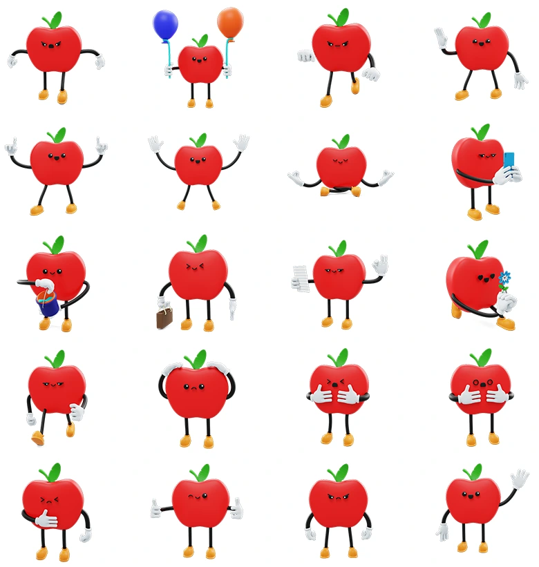 二十组卡通苹果角色素材含.c4d .blend .obj多格式可爱苹果表情动作3D模型合集，满足多行业多场景创作需求Apple - Social Media Emoji Character