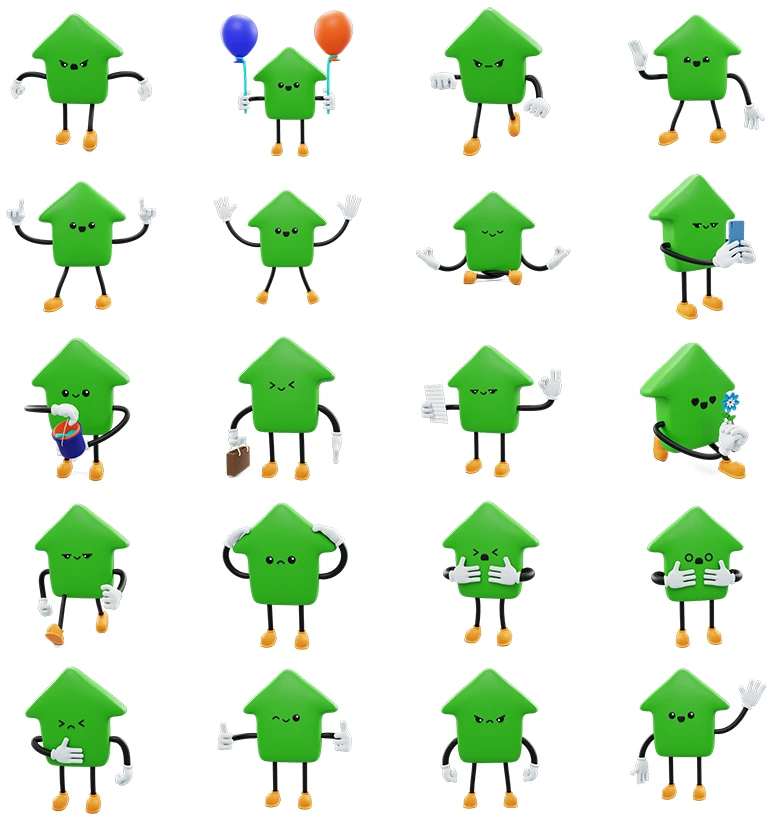 适用于动画短片网页设计教育演示的卡通绿色箭头角色三维模型20款全格式兼容Arrow - Social Media Emoji Character