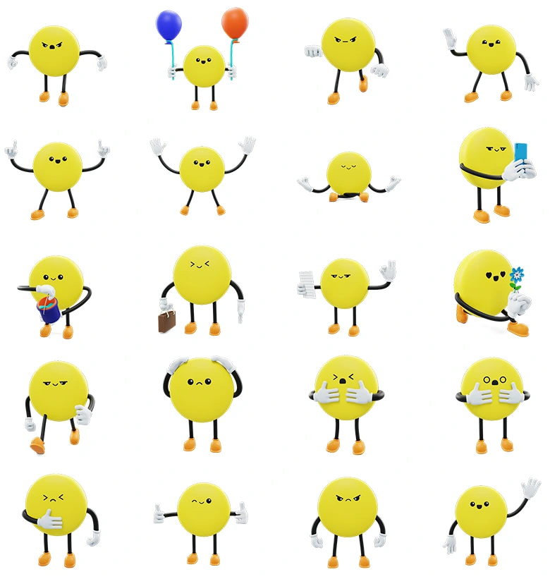 20个黄色糖果药片风格圆形卡通角色3D图标模型包，适用表情包动画短片与品牌IP开发Circle - Social Media Emoji Character