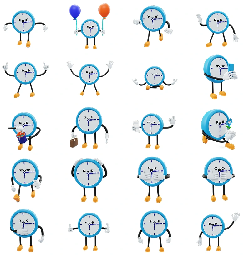 20个创意3D闹钟动漫角色模型全格式支持含丰富姿势表情与道具适用于游戏动画UI广告多场景下载Clock- Social Media Emoji Character