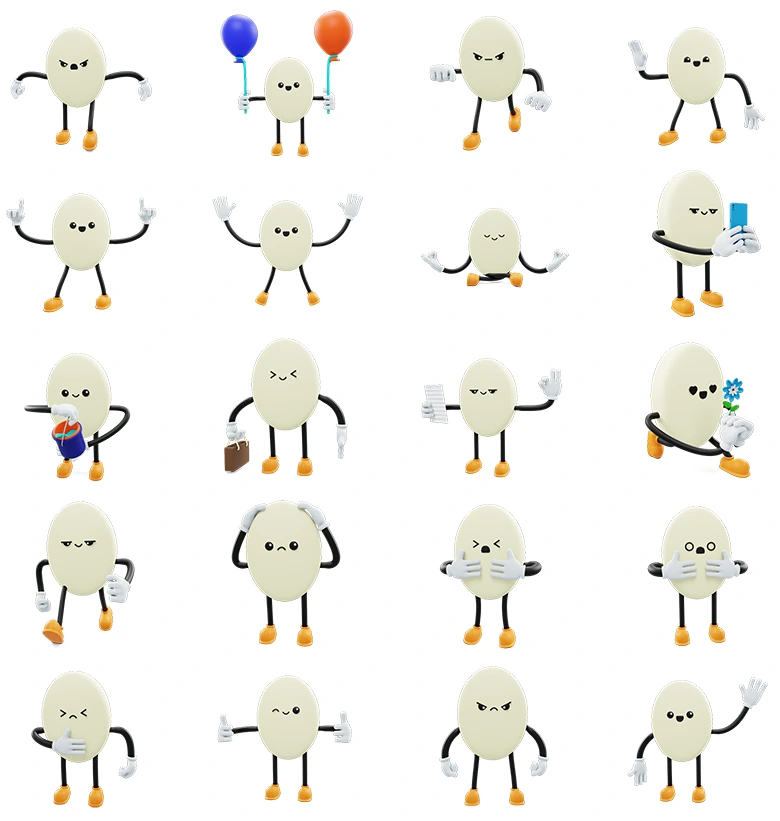 二十组趣味鸡蛋卡通3D人物表情模型套装，支持.c4d .blend .obj格式，适用动画短片表情包与教育互动设计Egg- Social Media Emoji Character