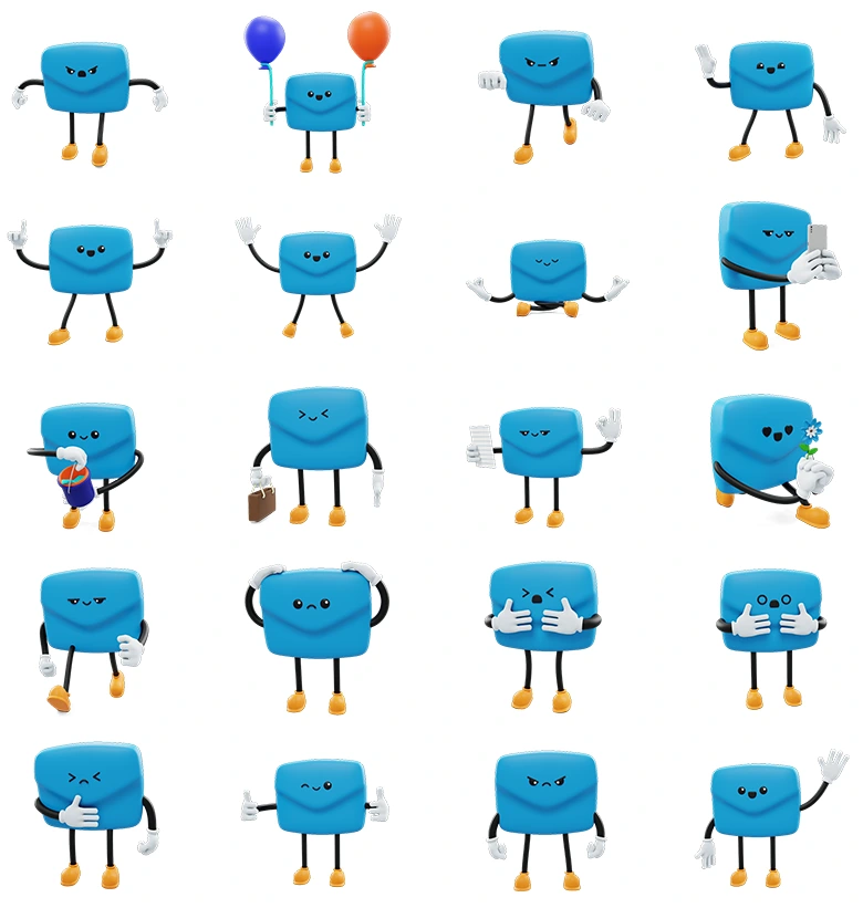 二十种丰富社交互动体验的动漫风格邮箱信封3D模型合集，支持C4D、Blender与OBJ多平台下载使用Email - Social Media Emoji Character