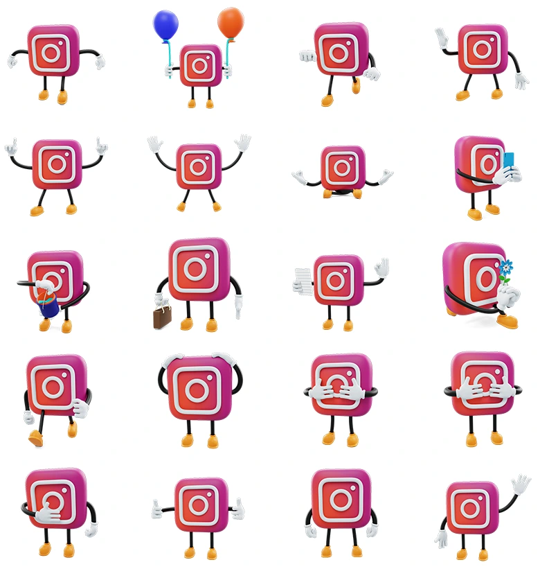 适用于短视频品牌宣传动画的二十款Instagram卡通表情3D图标角色模型 支持C4D/Blender/OBJ多平台Instagram-Social Media Emoji Character