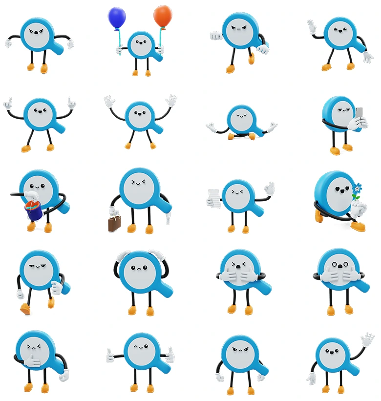 二十套适用于品牌形象、UI界面、动画宣传等多元用途的放大镜表情人物模型套装，内容详实表情生动Megnifying-Social Media Emoji Character