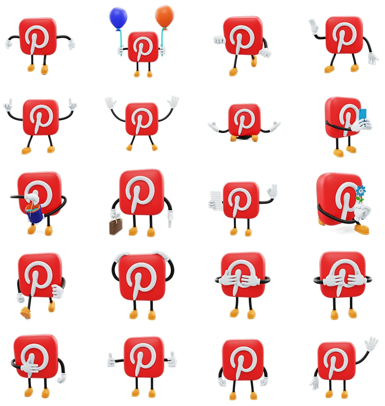 20组支持C4D/Blender/OBJ多格式的社交分享网站专属卡通表情图标三维角色素材授权下载Pinterest-Social Media Emoji Character