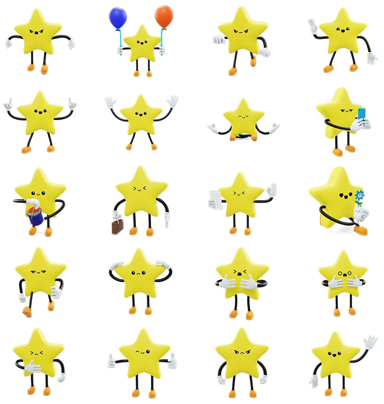 20组多姿态多表情星星系列3D模型合集，丰富互动动画道具设计，适合UI动效与各类场景创作Star - Social Media Emoji Character