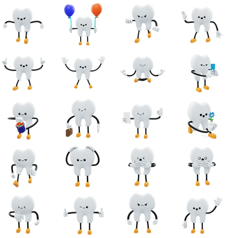 20个拟人化可爱牙齿3D模型合集，适用牙科教育、儿童动画、表情包创作和互联网场景多维应用Teeth Social Media Emoji Character