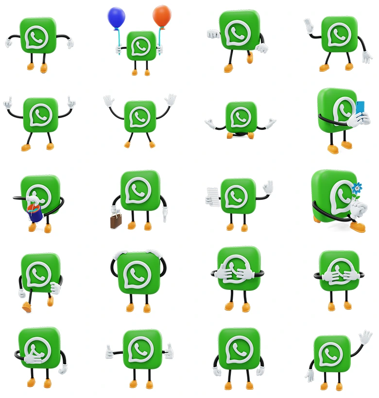 20组适用于数字内容创作与社交产品UI的Whatsapp绿色动漫3D表情模型，二十款动作场景全覆盖免费下载Whatsapp-Social Media Emoji Character