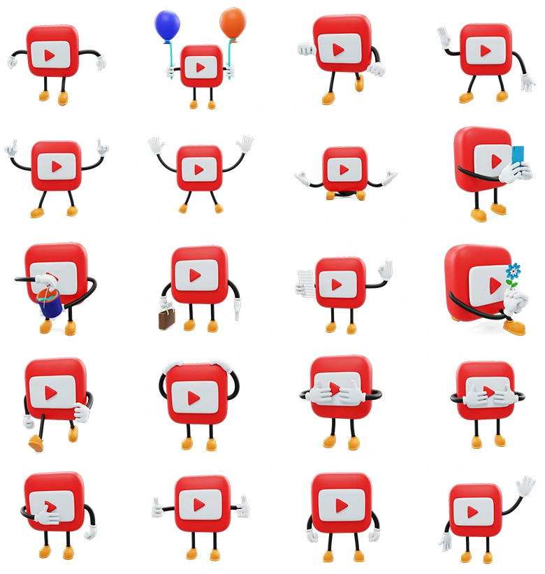 二十个自媒体短视频包装及移动端APP界面专用卡通YouTube 3D模型商用高兼容性素材库Youtube- Social Media Emoji Character