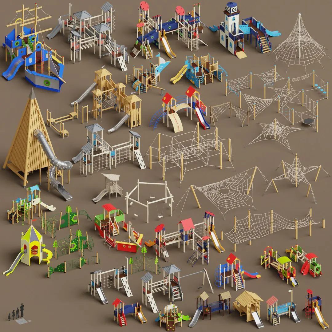支持Blender C4D等主流软件的儿童乐园滑梯组合模型,丰富场景素材适合景观设计师Playgrounds by 1dinc