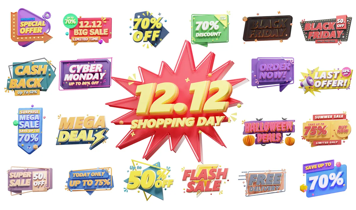 20个适用APP专题页、网页Banner、活动头图、营销弹窗的立体英文艺术字促销模型包E-commerce promotion slogan ICON 3D icon