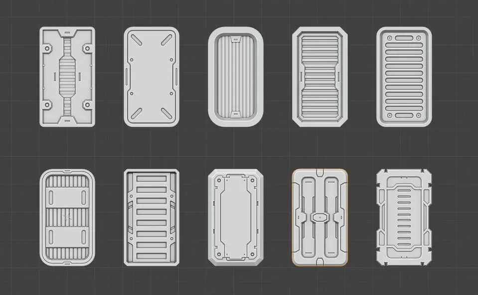 十二款模块化科技感贴花设计，适用于游戏关卡与影视场景的细节强化，支持Decal投影、材质ID分层、LOD生成与实例化优化，便于快速场景迭代与风格化改造Decal Sheet 01