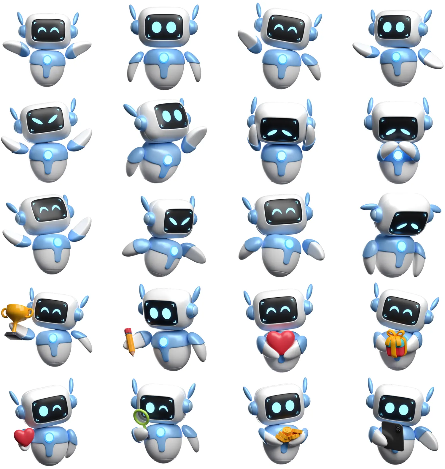 20个科幻风格机器人角色建模资源：精细结构细节展现未来科技美学Robot Activity 3D Illustrations - 3D Icon Set