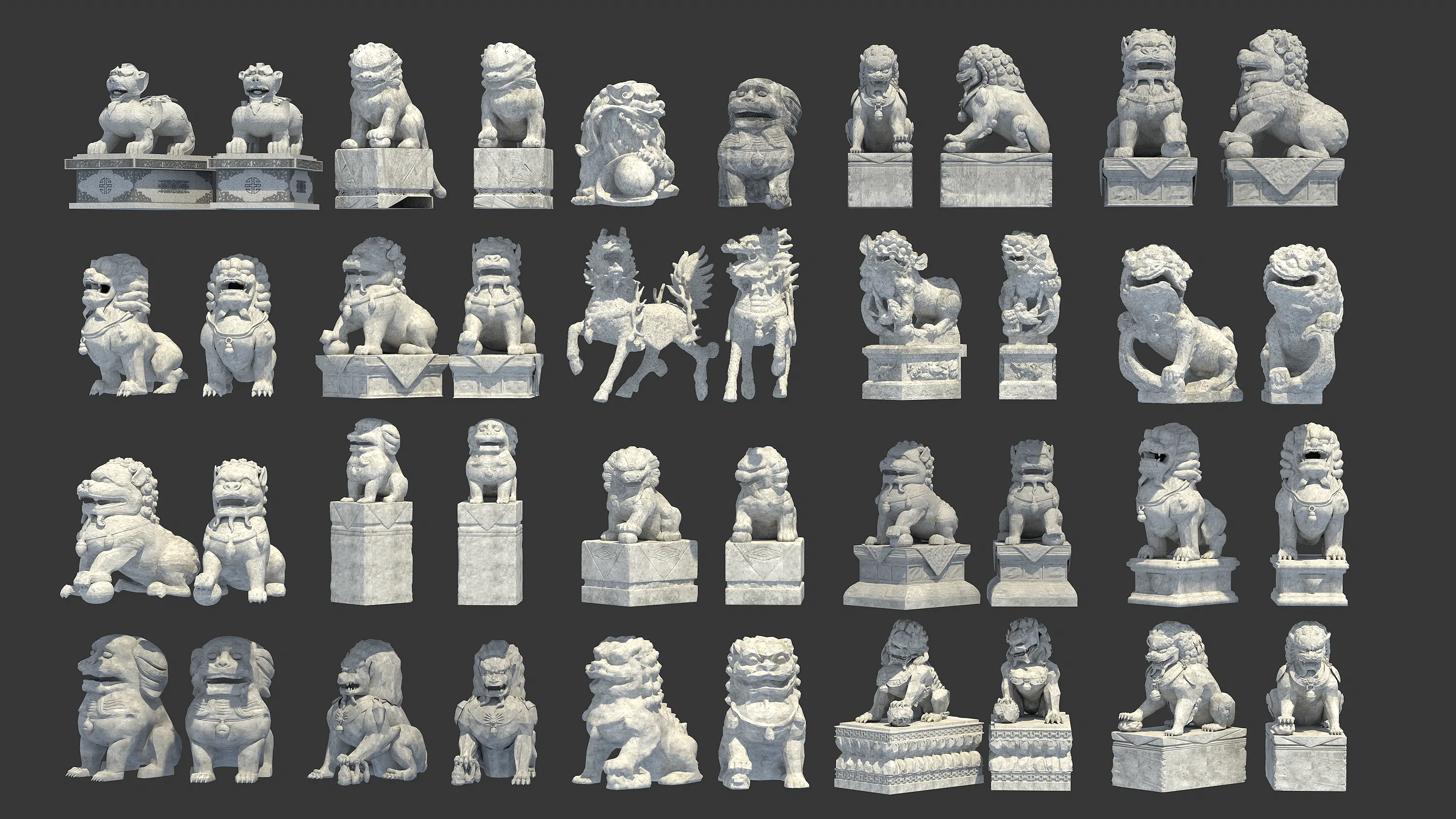 40款Blender石狮子守门兽神兽麒麟貔貅雕像3D模型素材