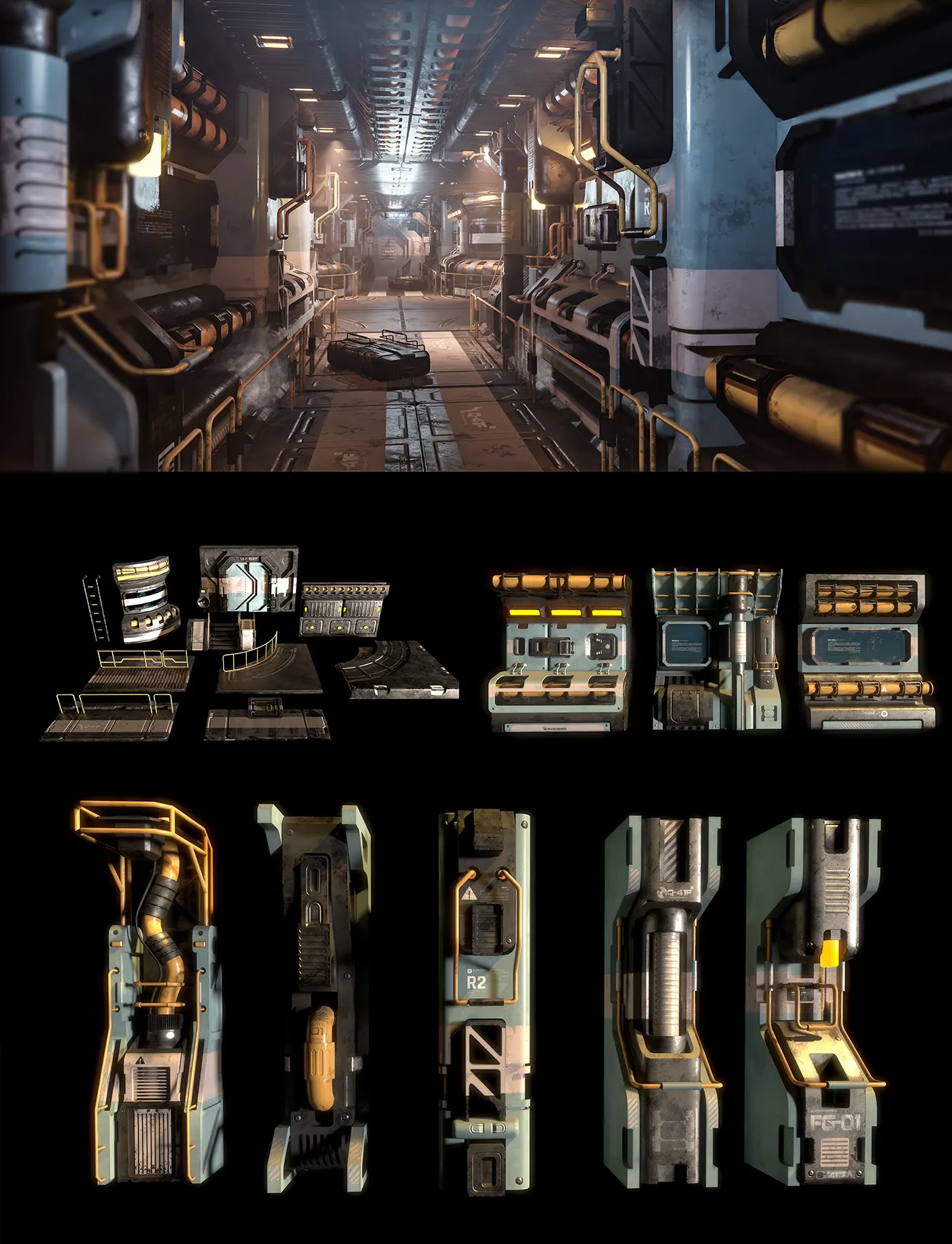 未来太空舰船工业风室内环境科幻场景建模资产包支持多软件4K贴图高兼容性UV全展开素材库Sci-Fi Corridor Modular Kit Vol 1