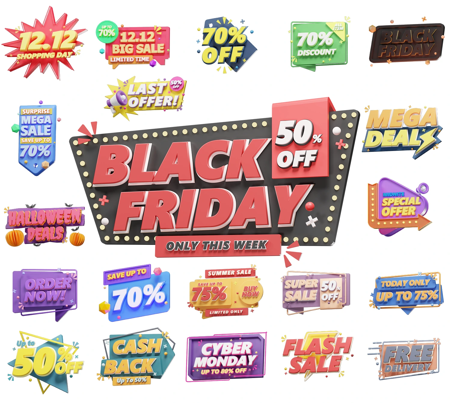 21个节日福利特惠3D艺术字模型多样化,适配各平台活动电商促销装饰图标下载E-commerce promotion label cartoon 3D icon model