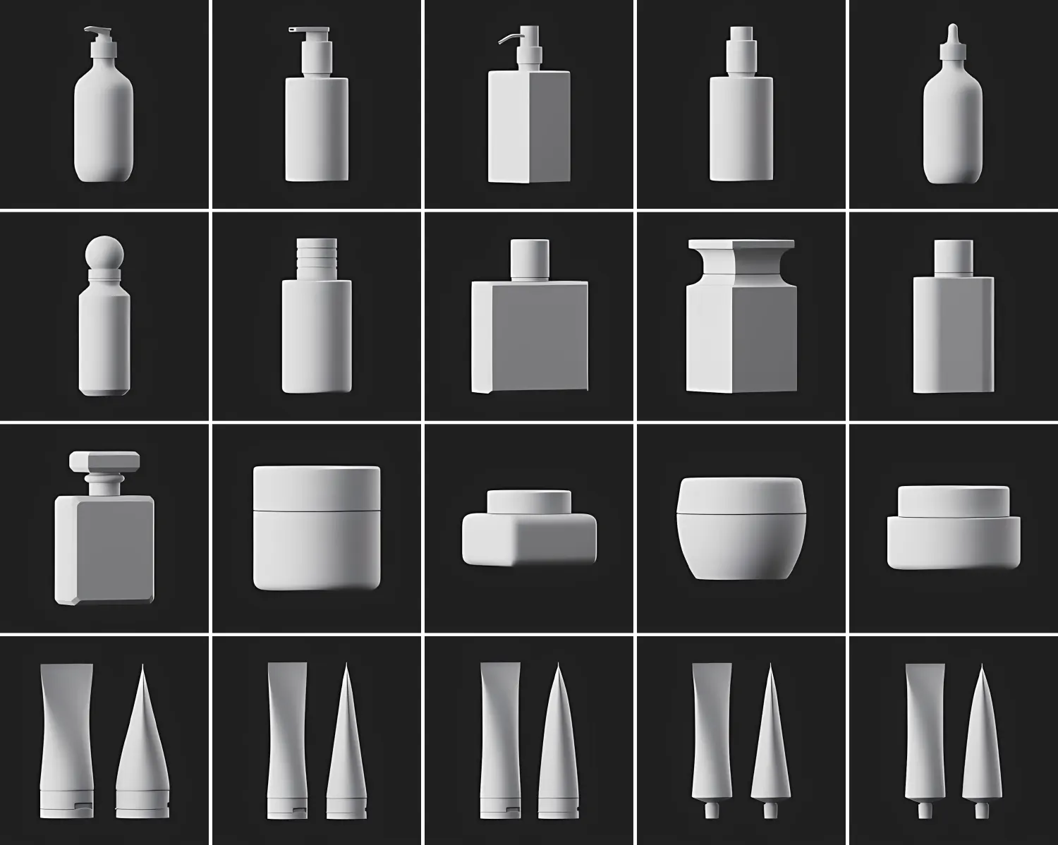 开箱即用！20个电商美妆高精度瓶罐3D模型大合集，香水霜罐泵头管状瓶全面覆盖Greyscalegorilla Cosmetic Bottle 3D Model Pack for E-commerce