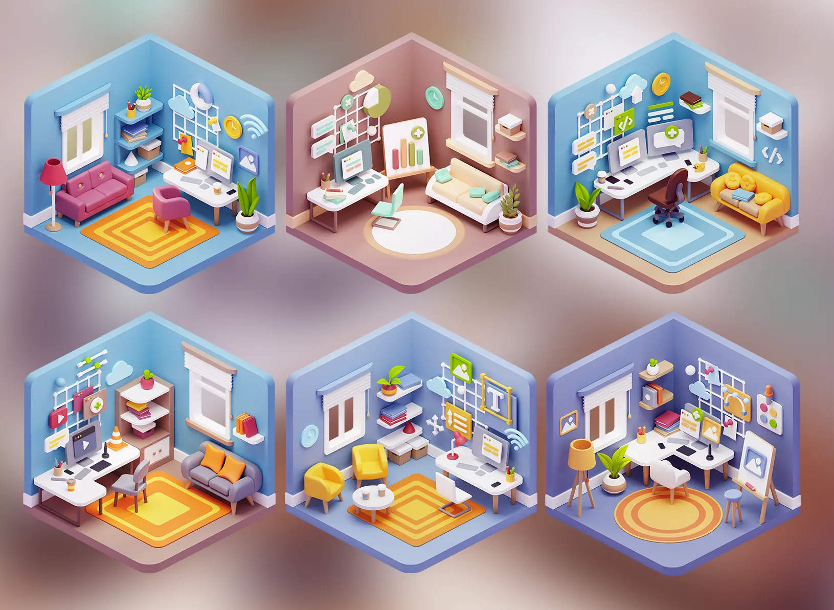 6套现代卡通等距家居办公空间三维模型合集Cubbies Workspace 3D Illustrations
