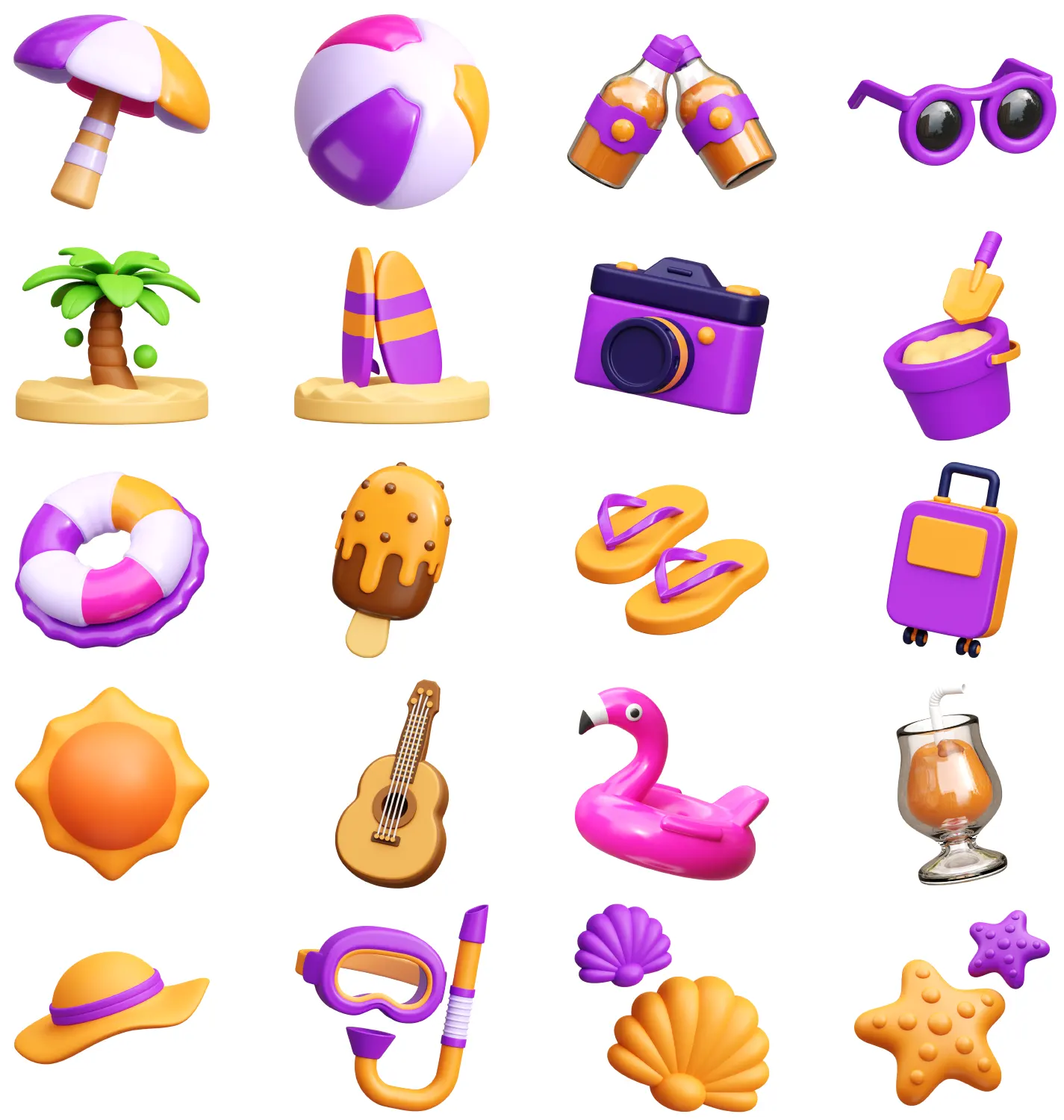 20个精选紫色橙色撞色系卡通三维模型合集，适用APP界面插画、网页、海报设计等多场景UI8 - Summer & Holiday 3D illustrations