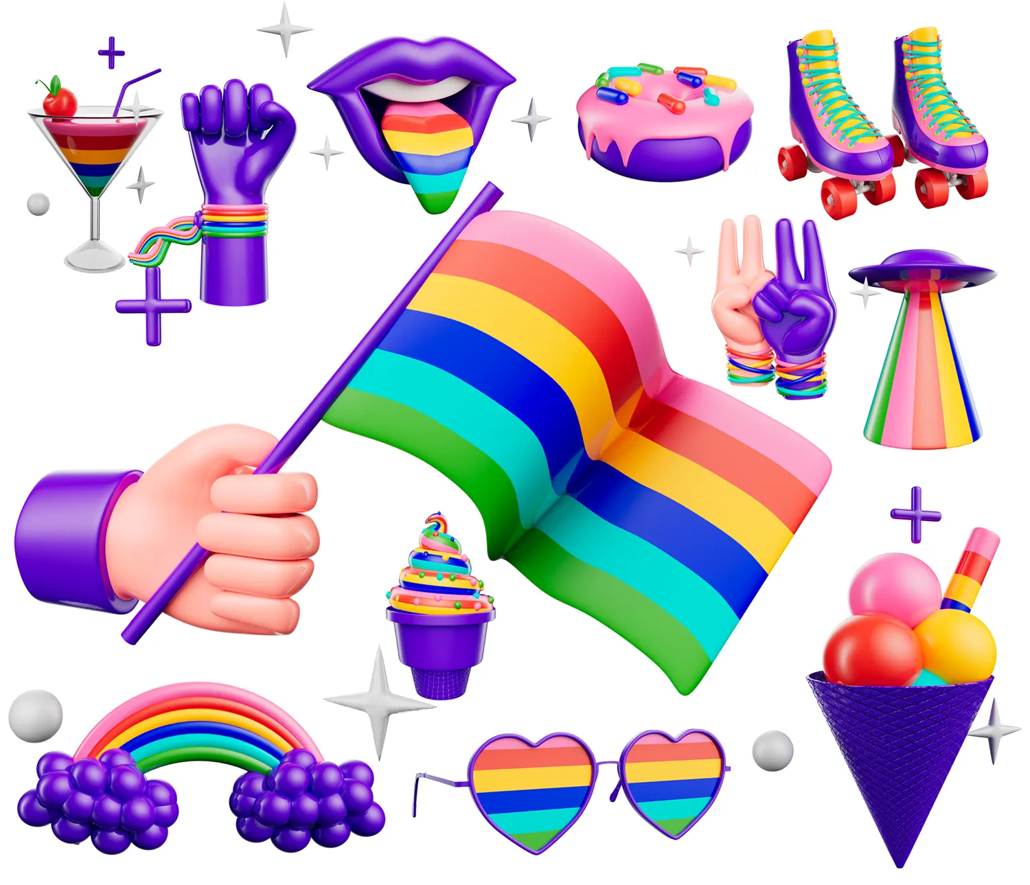 网红彩虹元素十二合一3D模型库，适用品牌包装、活动插画、数字产品视觉创意LGBT 3D Illustration Pack