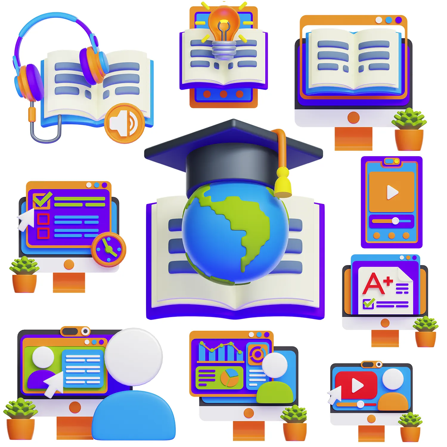 10个融合现代卡通风格的互联网学习3D模型大全-适配C4D、OBJ、GLB多格式下载与使用需求E-Learning 3D Icon Pack