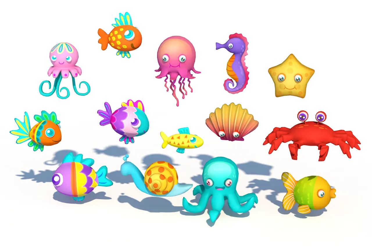 14个手绘Q版风格卡通海洋小动物3D模型合集动画游戏场景适用多格式立体场景角色模型免费下载Marine Animals 3D model