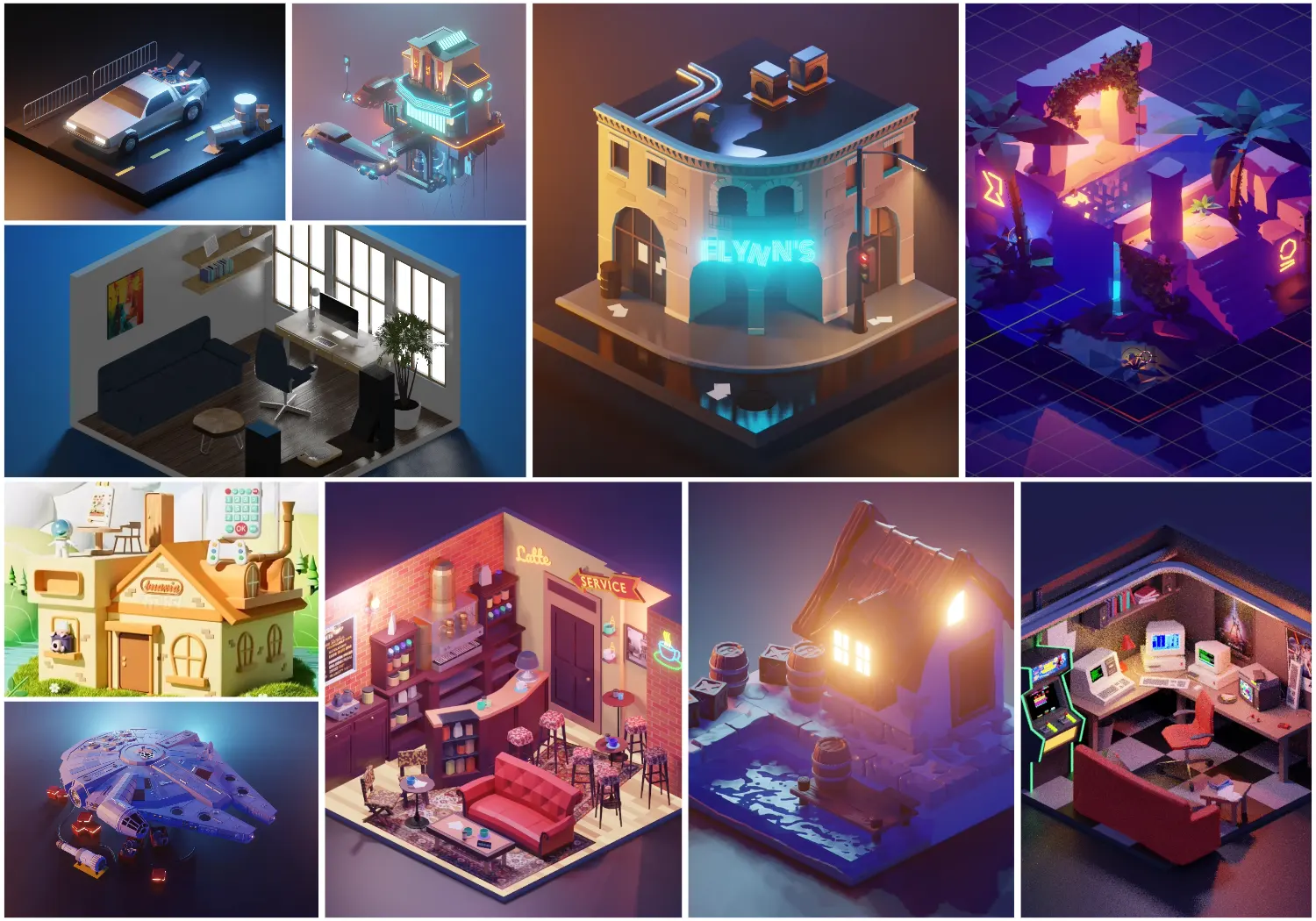 高品质Blender卡通风3D场景建模资源包，适合动画项目、短视频、插画原画一站式下载A Collection Of 103 High-Quality Blender Cartoon Illustra