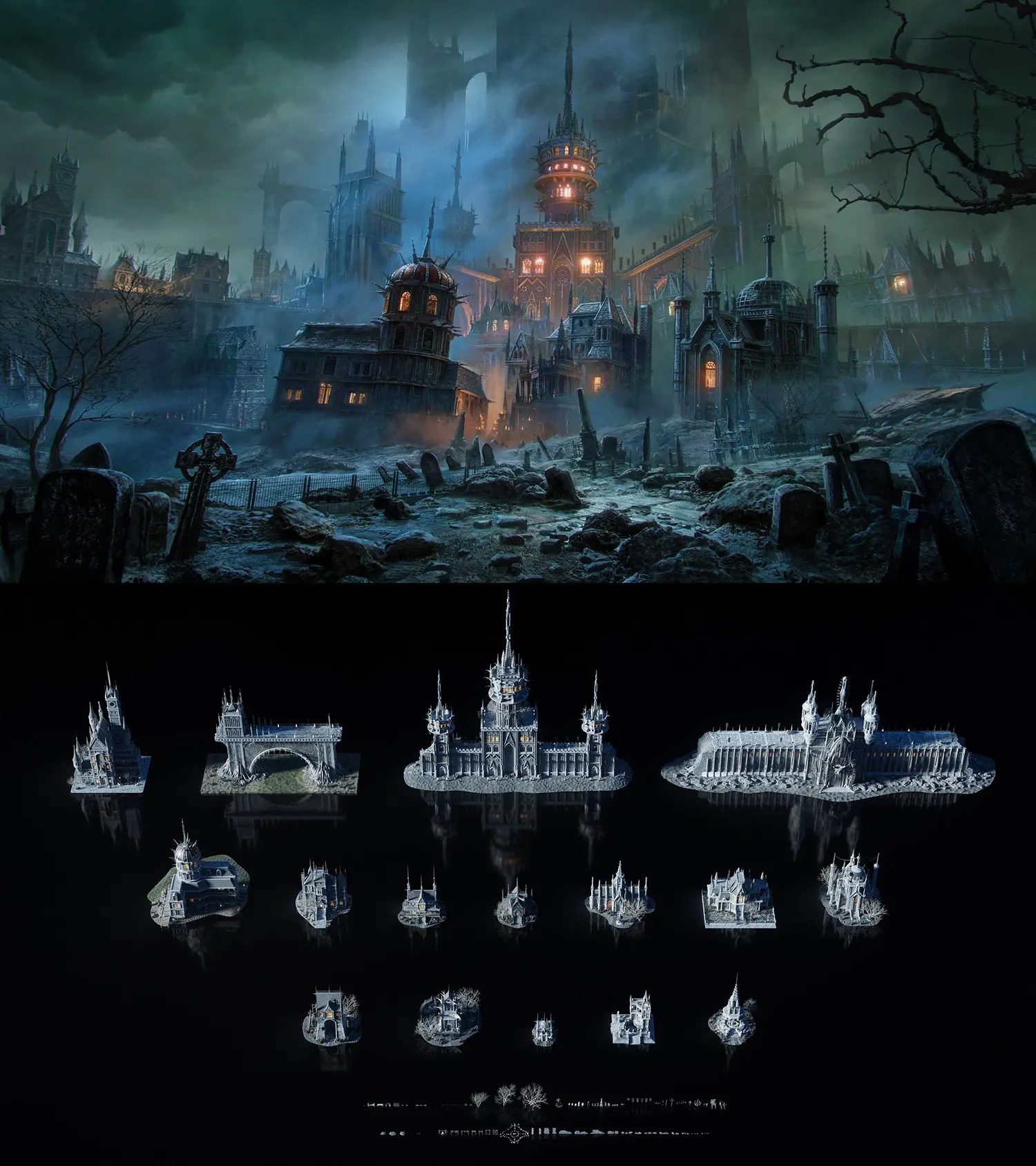 游戏影视动画级恐怖哥特建筑3D模型资源包 支持Blender C4D全格式 超自然恐怖环境场景推荐KitBash3D – Ghost Realm