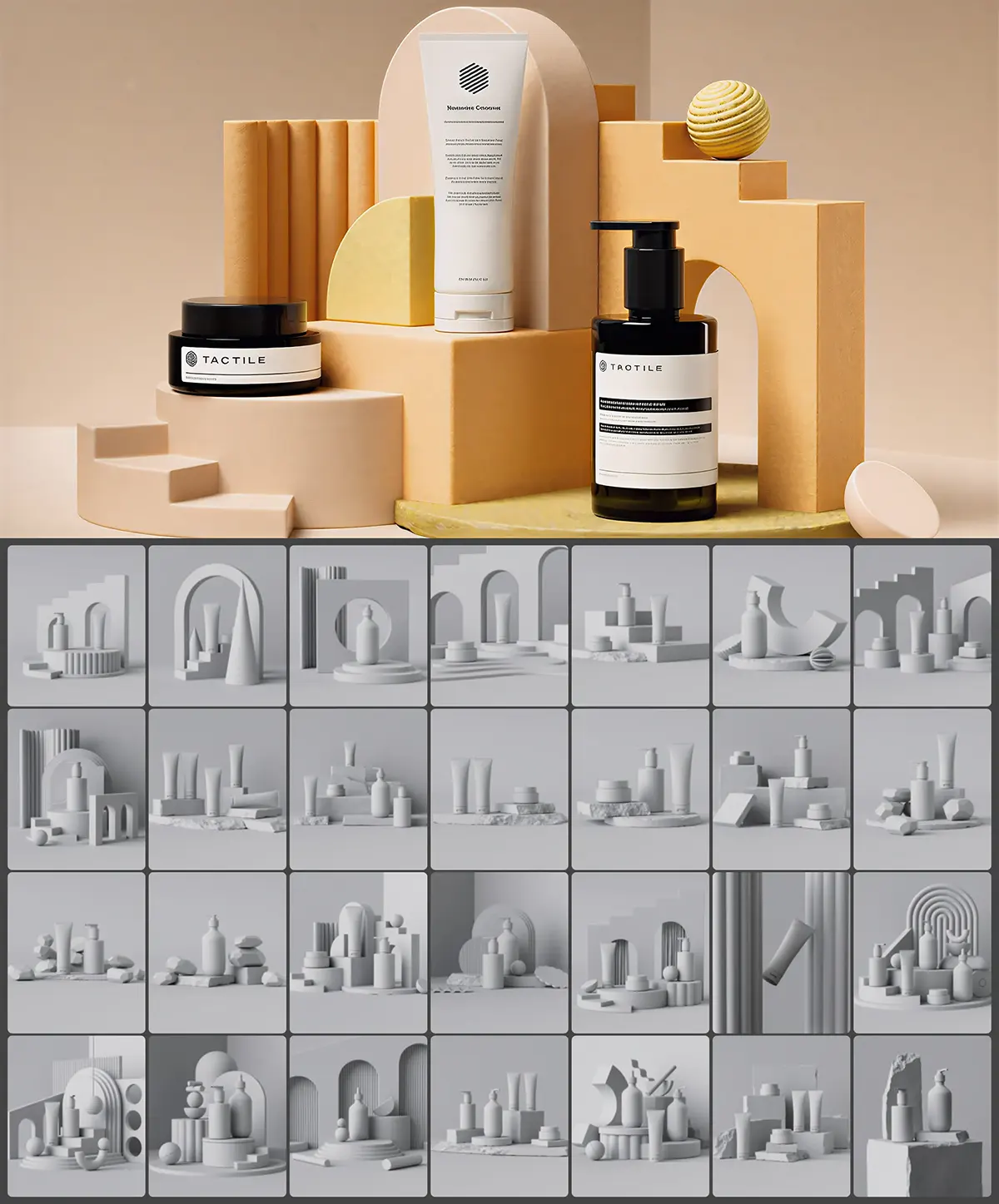 25个美妆护肤产品3D展示台搭建设计素材Product Display Sets