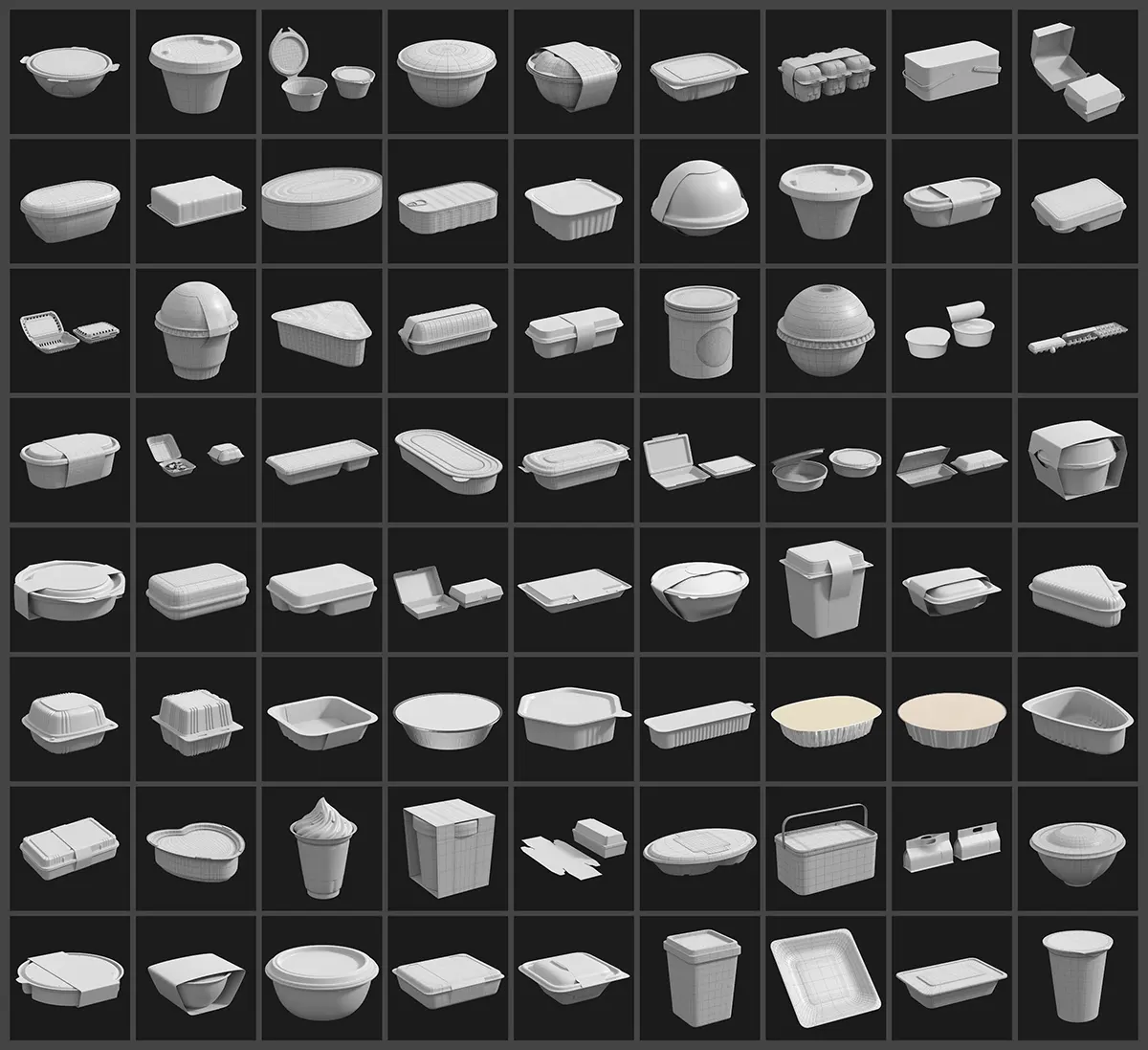 96个适合外卖快餐场景的多样食品包装盒三维模型 高质量白膜合集支持C4D OBJ下载Download 3D model of food packaging box